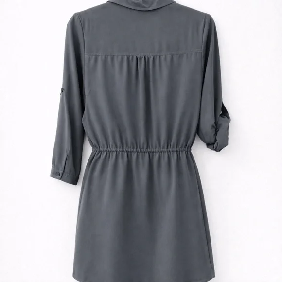 Naked Zebra Slate Gray V-Neck Mini Shirt Dress Tab Sleeve Sexy Chic - Picture 3 of 4